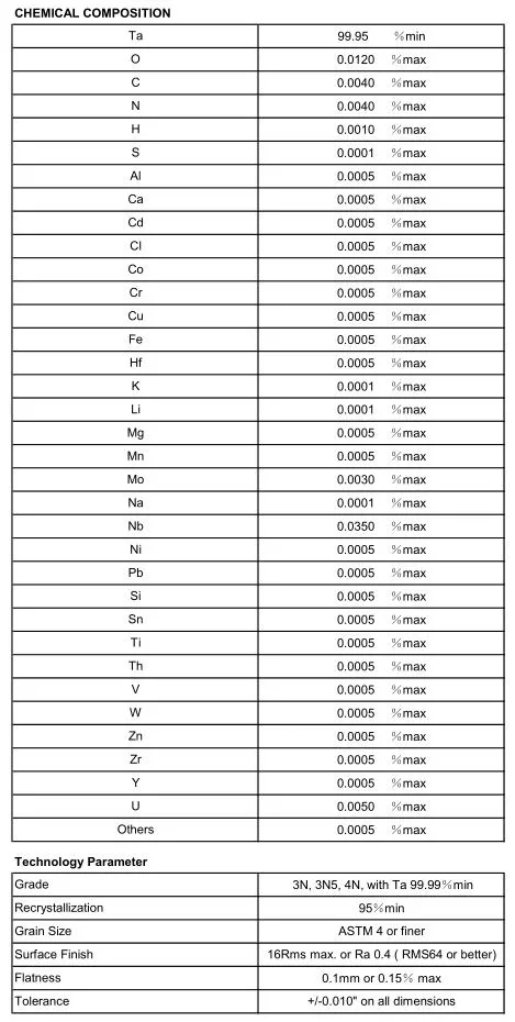 R05200 Tantalum Target for Electronics Purpose